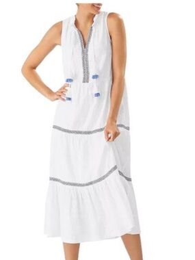 Tommy Bahama White Maxi Dress with Blue Trim and Tassels